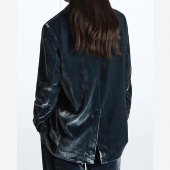 COS Crushed Velvet Silk Rayon Blazer Deep Blue Oversized Holiday Party Sz 10 - Picture 3 of 15
